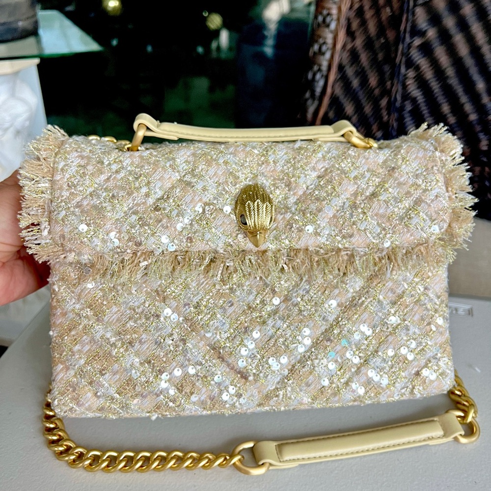 Metallic thread SEQUINED Tweed shoulder / crossbody bag Champagne